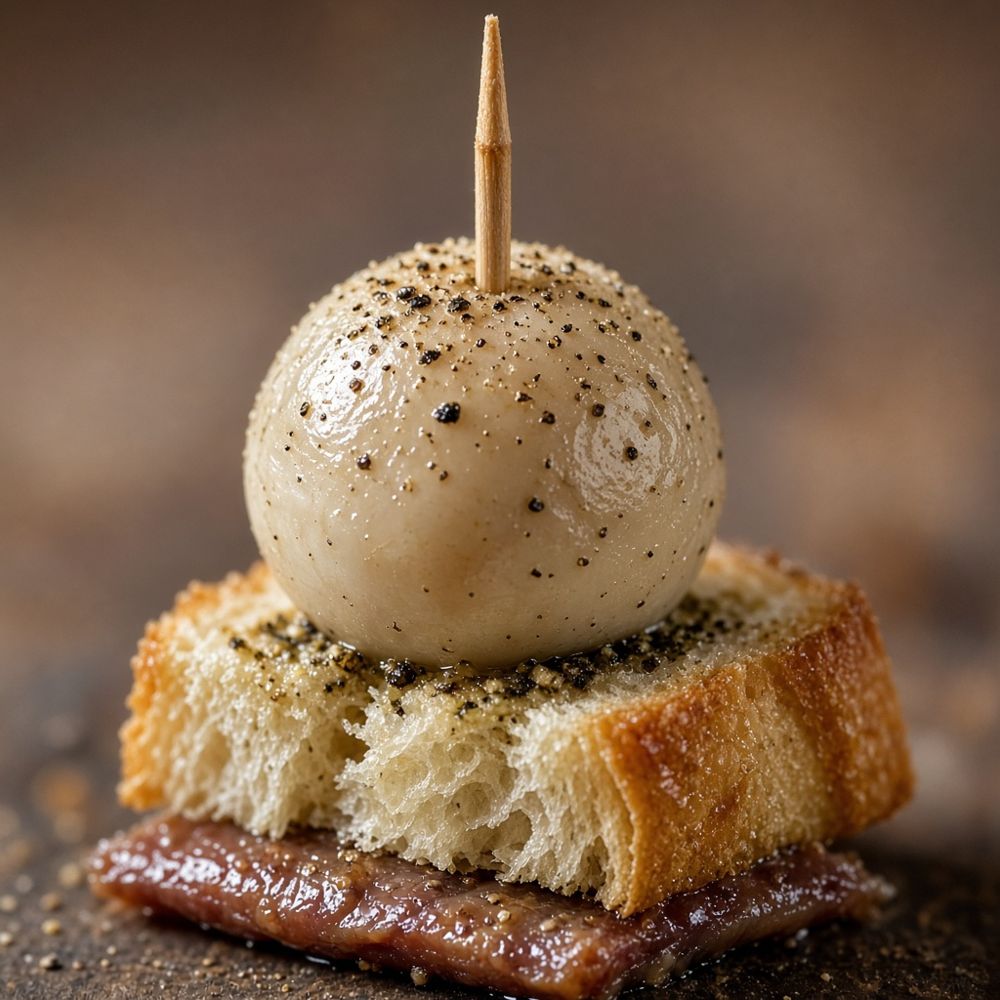 Nyárssal átszúrt fürjtojás a pintxo tetején