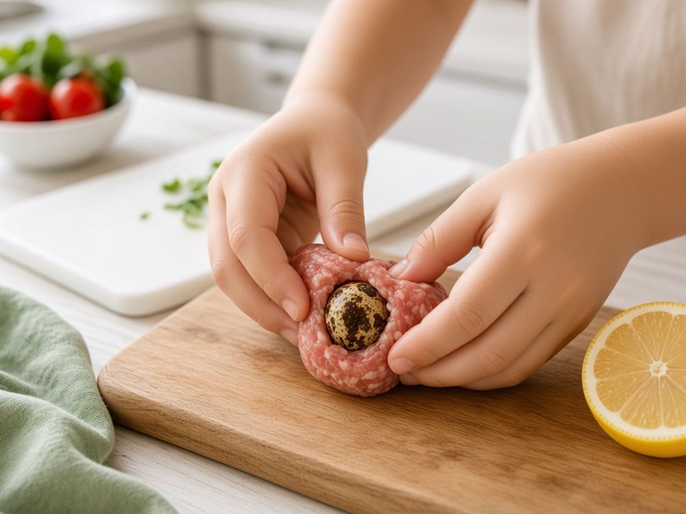 Gyerekkéz húst teker egy fürjtojás köré