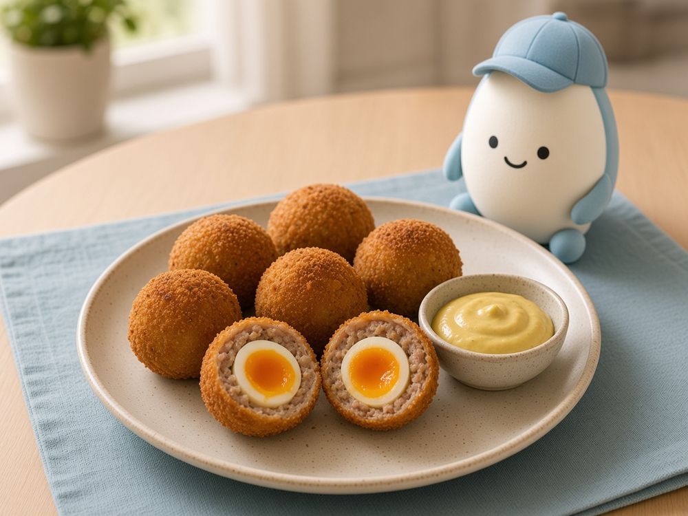 Mini Skót tojások tányéron, egy félbevágva, mellette mustár